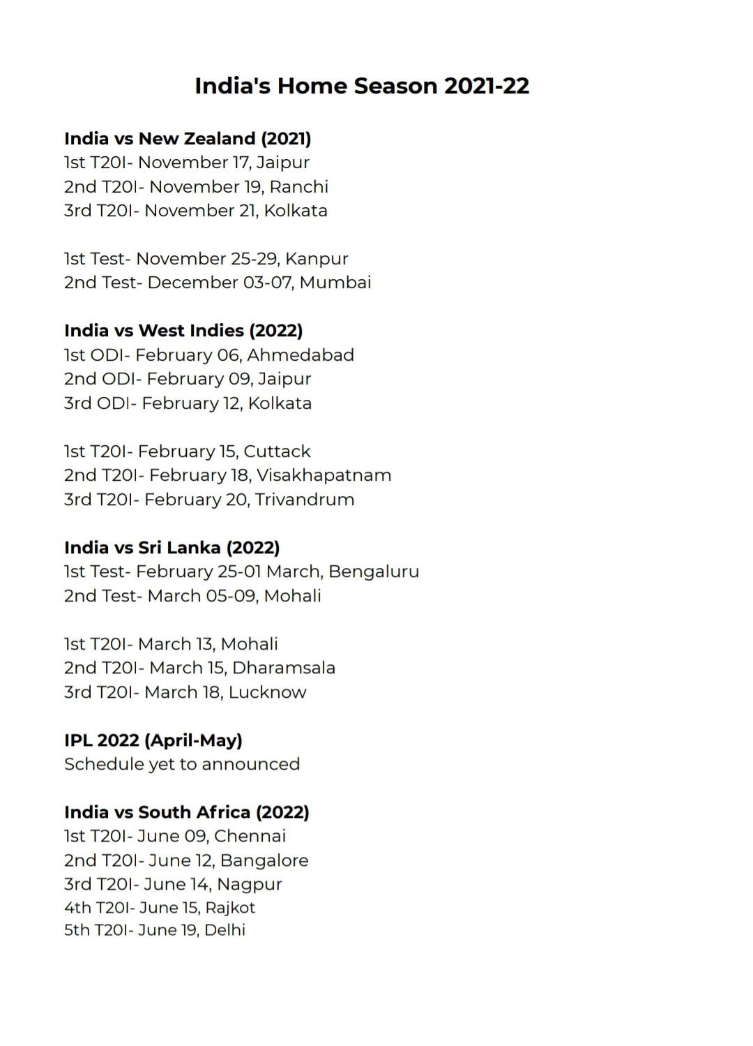 indian cricket team home season schedule 2021-22